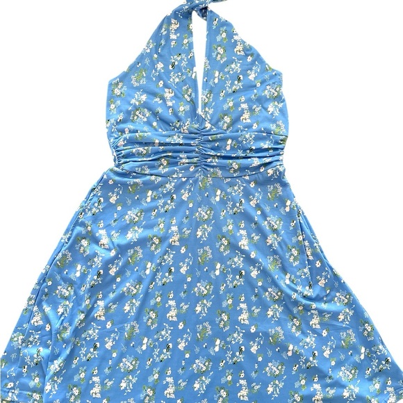 Blue Ruched Tie Front Halter Sundress w/ pockets - Picture 1 of 8